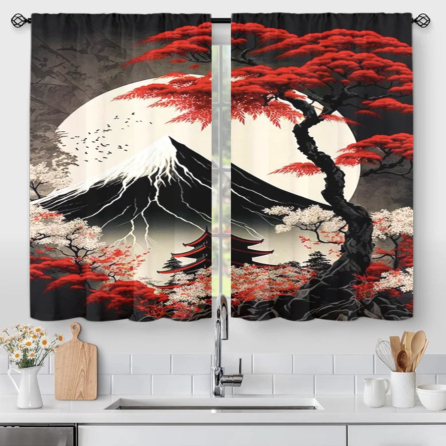 2PCS Fuji Mountain Red Maple Print Curtains, Japanese Moon Pagoda Black White Window Drapes for Bedroom Living Room Decor