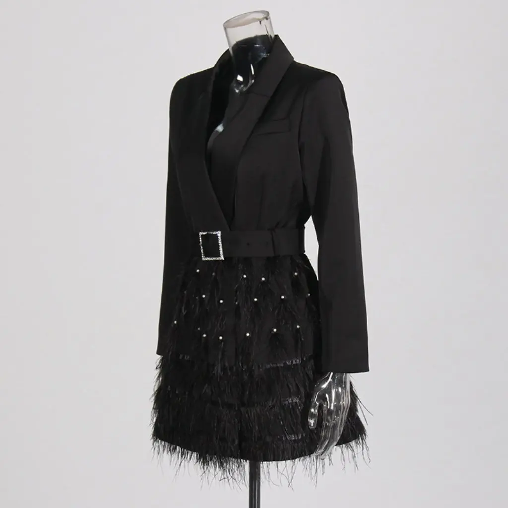 

Светский стиль, расшитый бисером и перьями, тонкая юбка, костюм, платье для женщин, на шнуровке на талии, новинка для тяжелой промышленности