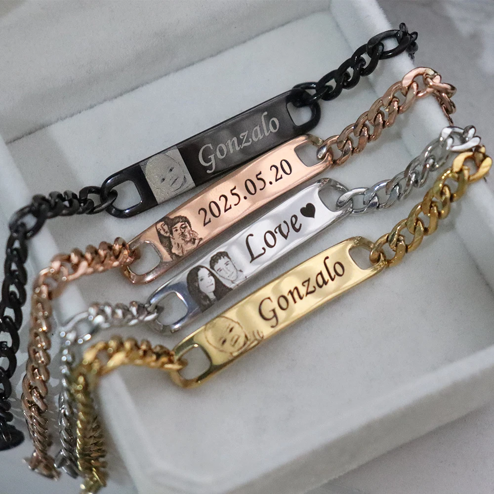 Personalisiertes graviertes Foto-Namensarmband, personalisierter Lasergravur-Bildtext auf Edelstahlkette, Schmuck, Geschenke für Paare