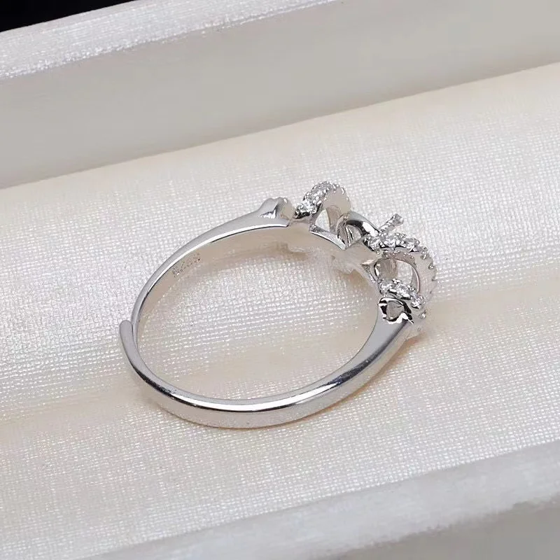 Encircling zircon inlays 925 Sterling Silver Classic Natural Freshwater Pearl Ring 8-9MM adjustable size  Gifts for Woman  RF