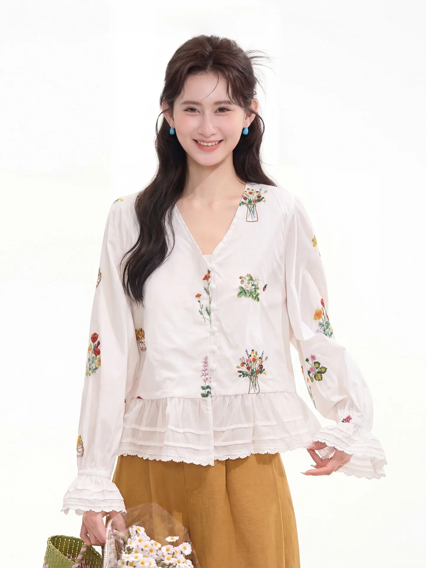 

Heme Austin Embroidered Long Sleeve V-Neck Princess Style Cotton Shirt Women's Summer Floral Print Button down Casual Shirt