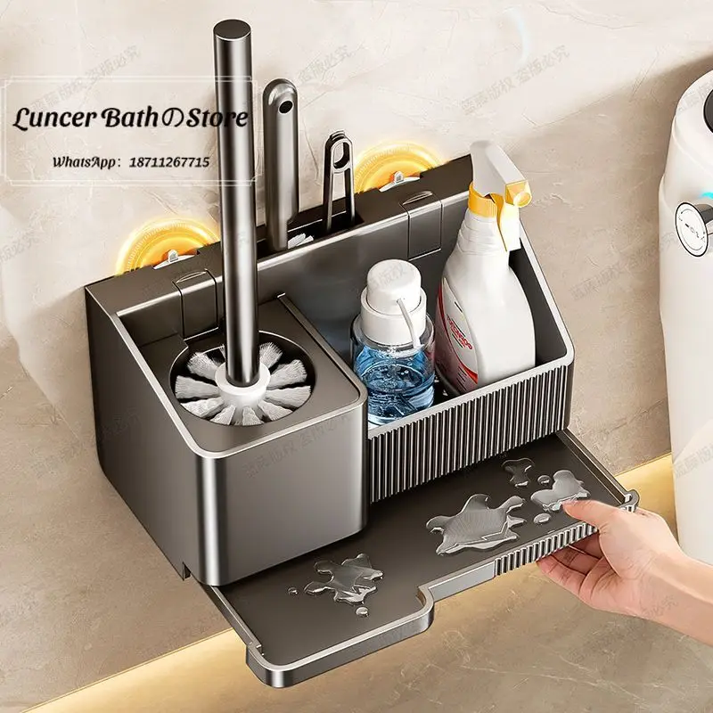 Gun Gray Suction Cup Toilet Brush Holder Set, Wall Mounted No Dead Corner Bathroom Cleaning Brush for Home, Toilet