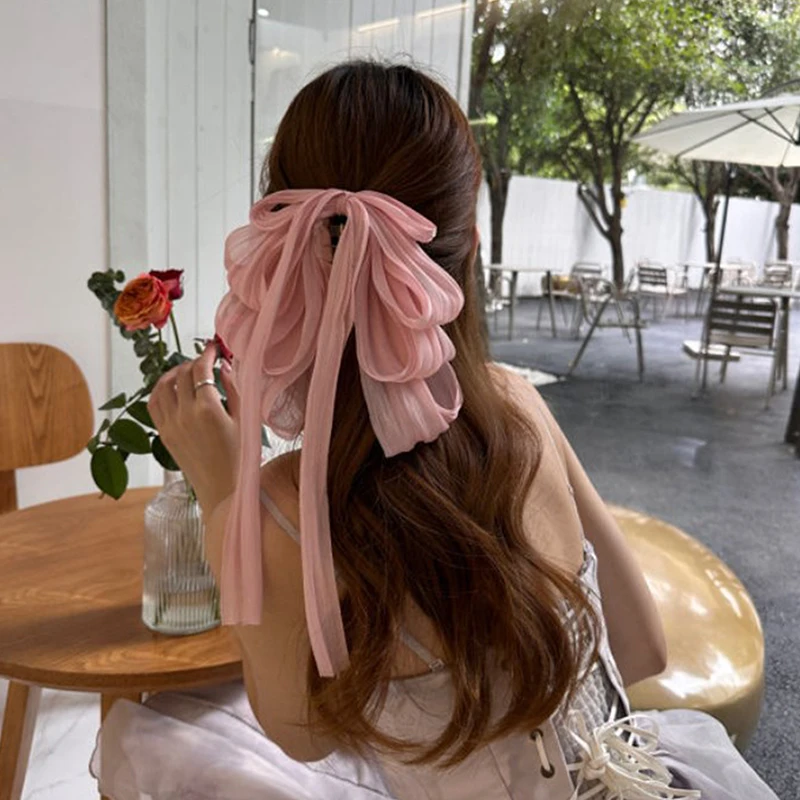 Large Bow Ribbon Hair Clip For Women Elegant Solid Color Bow Hairpins Ponytail Clip Barrettes Headwear Girls Hair Accessories