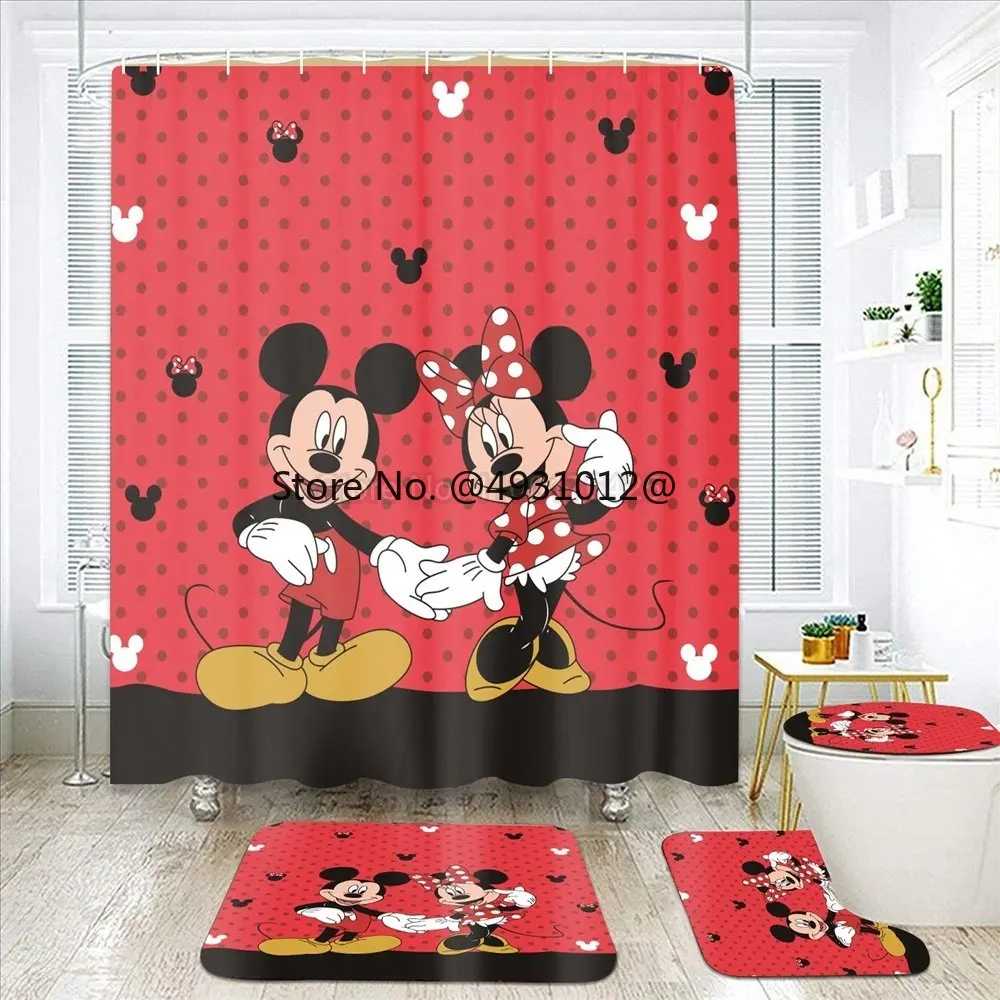 Disney Mickey Minnie Mouse Print Shower Curtain Carpet Cover Toilet Cover Bath Mat Pad Set Bathroom Curtain 12 Hooks Home