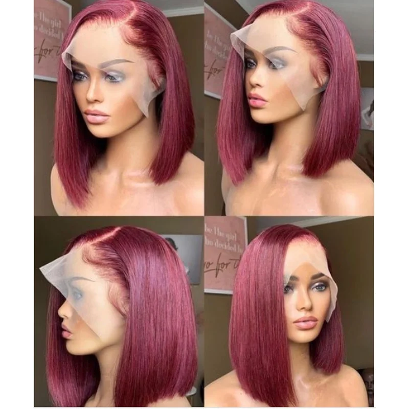 Short Straight 4X4 Lace Front Human Hair Wigs Burgundy Wigs Natural Looking
