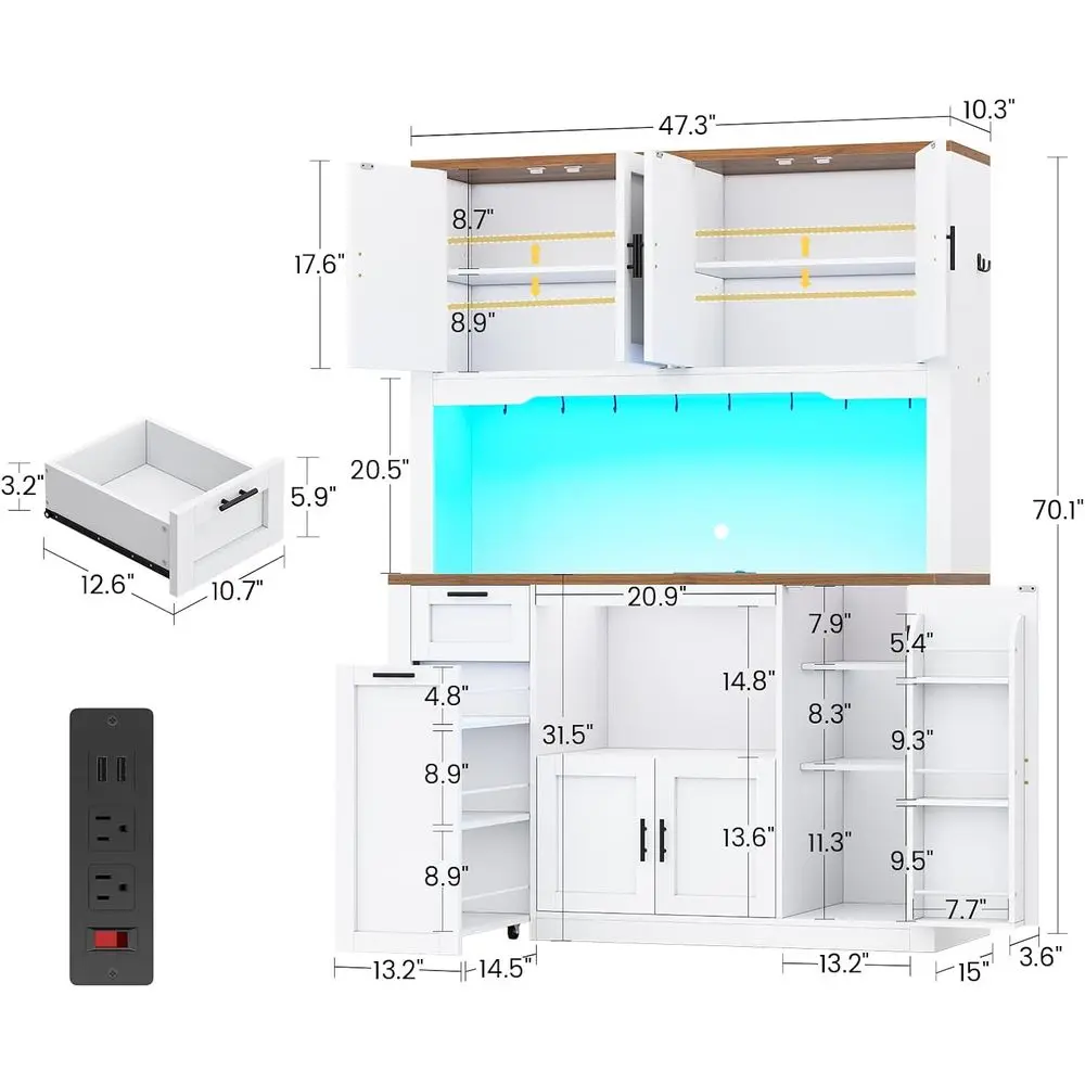 White 71 Pantry Cabinet with LED Lighting, Charging Dock, and Microwave Stand for Kitchen and Dining Room Storage
