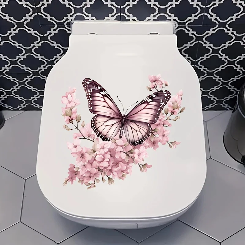 

MT1322# Pink Butterfly and Flower Toilet Stickers, Bright Bathroom for Home Decoration, Vinyl Decals, Art Wall Paper