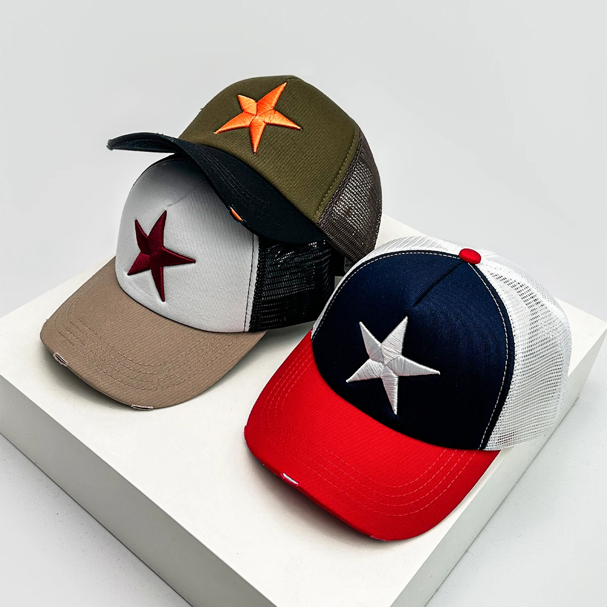 New Unisex Broken Embroidered Five-pointed Star Baseball Hats Color Block Sunshade Personal Versatile Trucker Caps Fashion ins