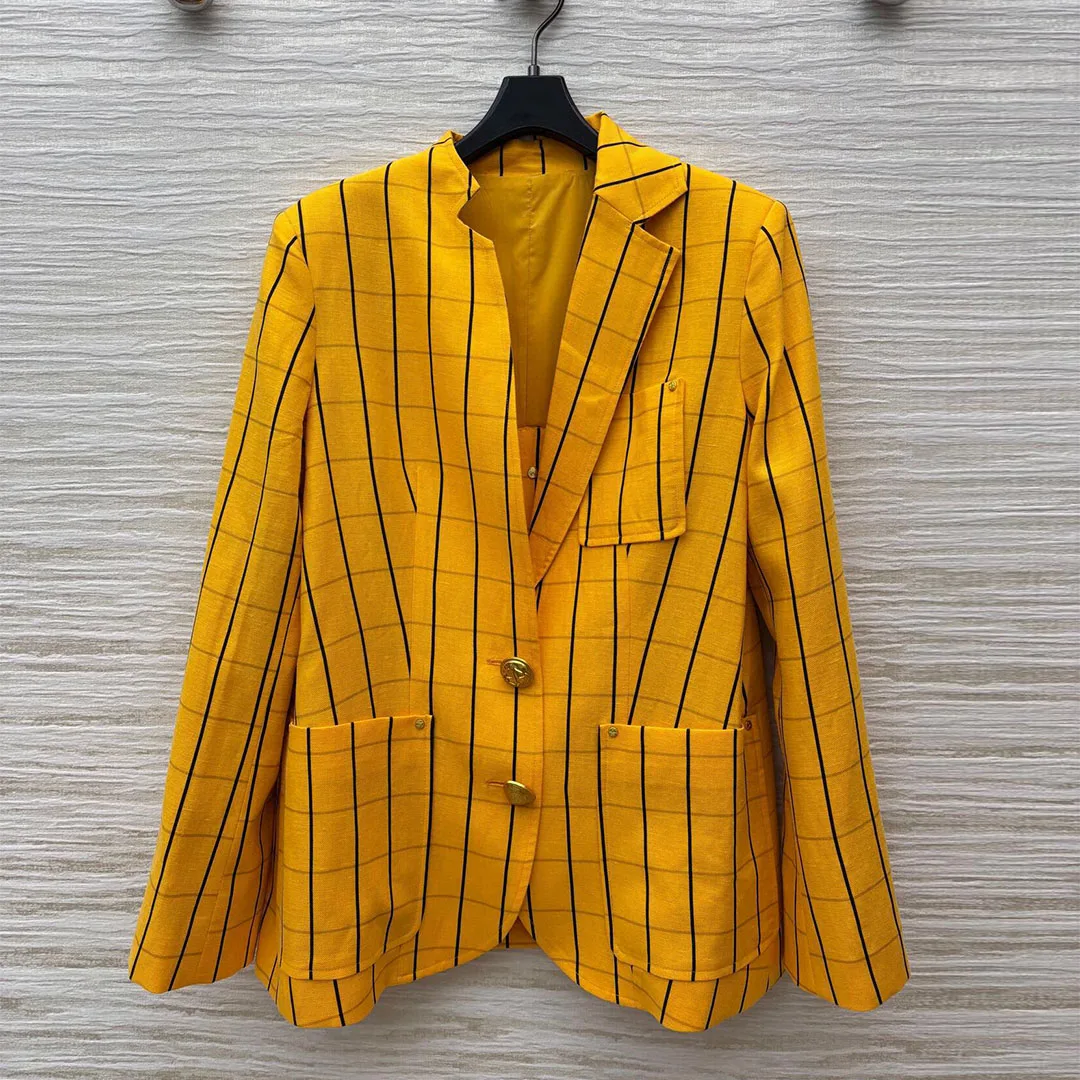 

High Quality Old Money Style Linen Blends Plaid Blazer Jacket Women Notched Gold Buttons Long Sleeve Casual Vintage Coat Suit