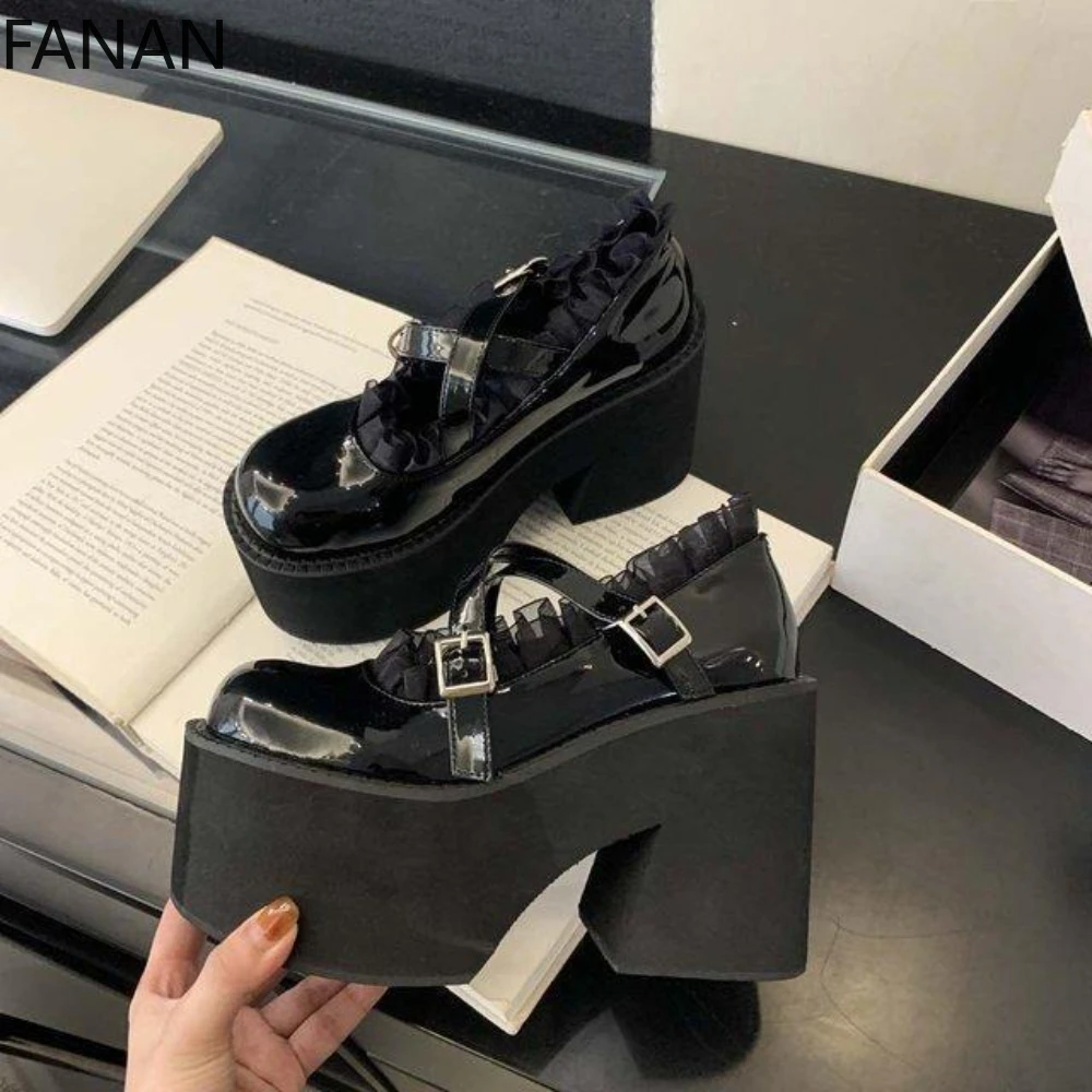 

13Cm Ultra High Heel Lolita Shoes Round Head Platform Heels College Belt Buckle Single Shoes Comfort Jk Black Sexy Pumps Shoes