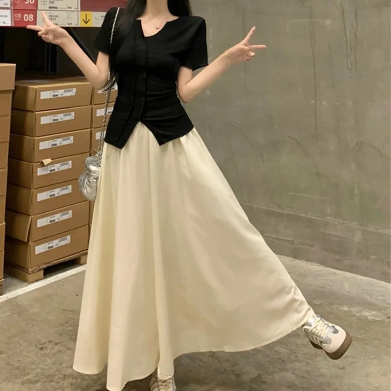 Large Size Short-sleeved V-neck Thin Sweet and Spicy Short T-shirt Top High Waist Wide Legs Casual Pants Skirt Two-piece Set