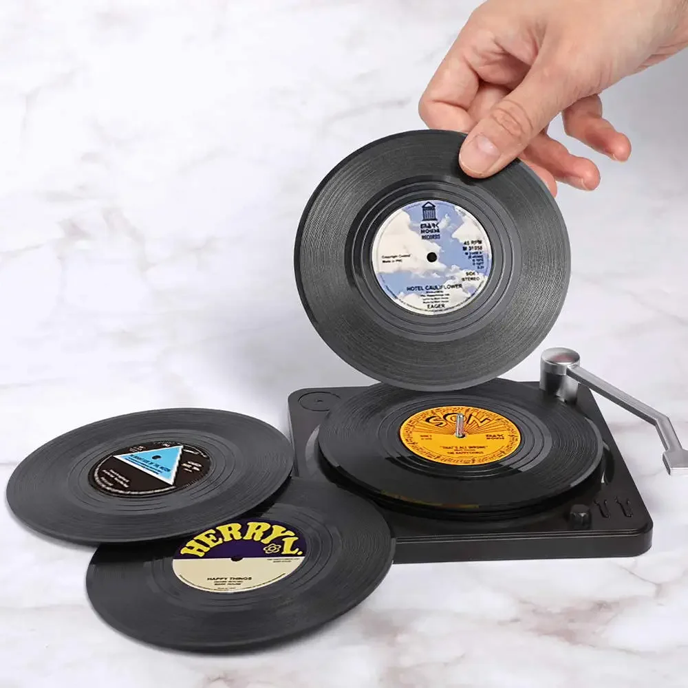 6pcs/set Creative Vinyl Coasters for Drinks Music Coasters with Vinyl Record Player Holder Retro Record Disk Coaster Mug Pad Mat