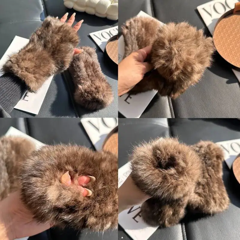 Sable-colored real rabbit fur gloves, thickened and warm, fingerless with wrist protection, half-finger gloves for office