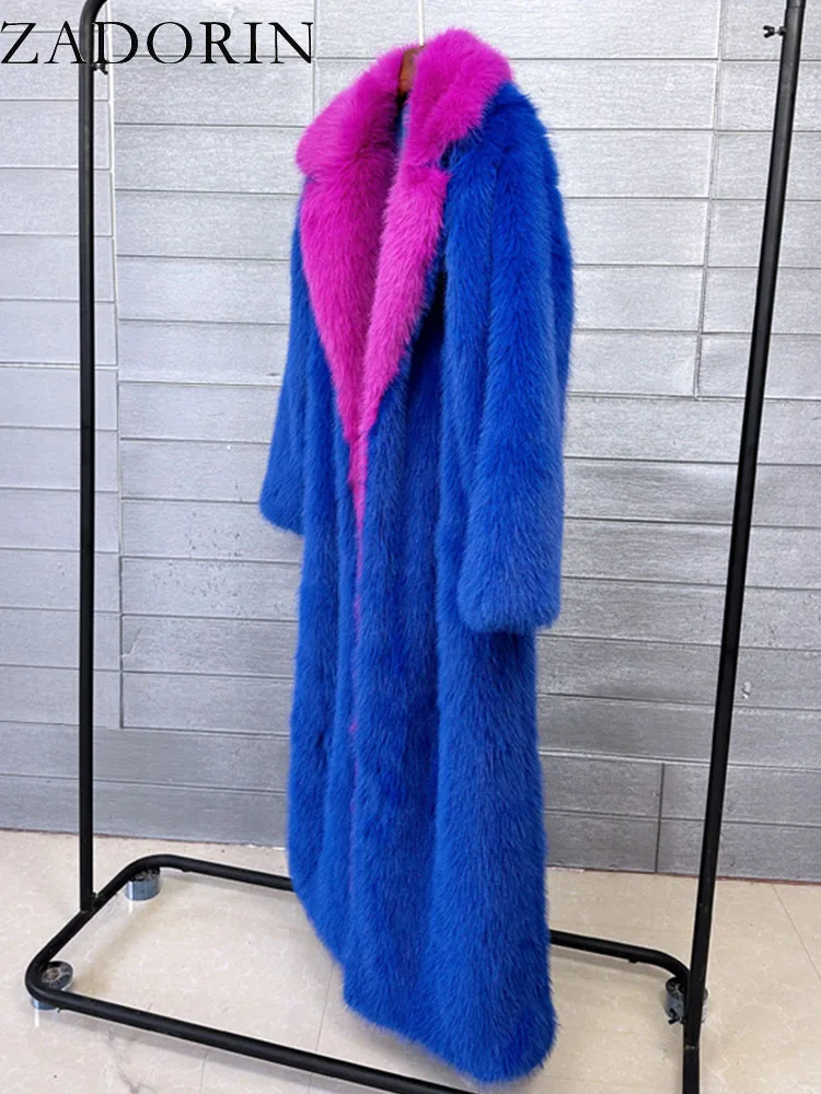 ZADORIN Super Long Fluffy Faux Fox Fur Trench Coat Women Lapel Contrast Color Furry Jacket Winter Clothes Women 2024 Fur Coats