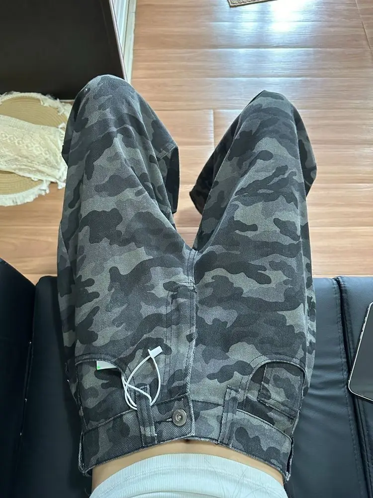 أنيقة أنيقة الأمريكية البضائع كامو مستقيم الساق السراويل النساء خمر عالية الخصر واسعة الجينز فضفاضة تناسب التخسيس الطابق طول الدنيم #6