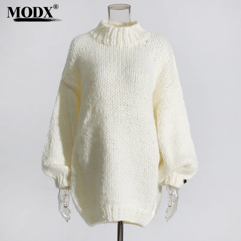 

[modx] Fashionable Lazy Style Loose Fit Solid Color Knitted Sweater 2024 Autumn New Style Temperament Bat Sleeve Head Round Neck