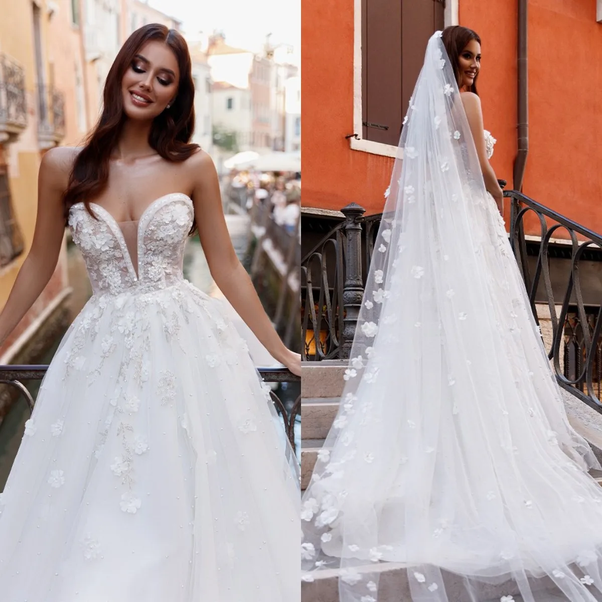 Vestido de novia de princesa con estampado Floral 3D, traje de novia de tul de hada con velo, blanco, escote Corazón, línea A