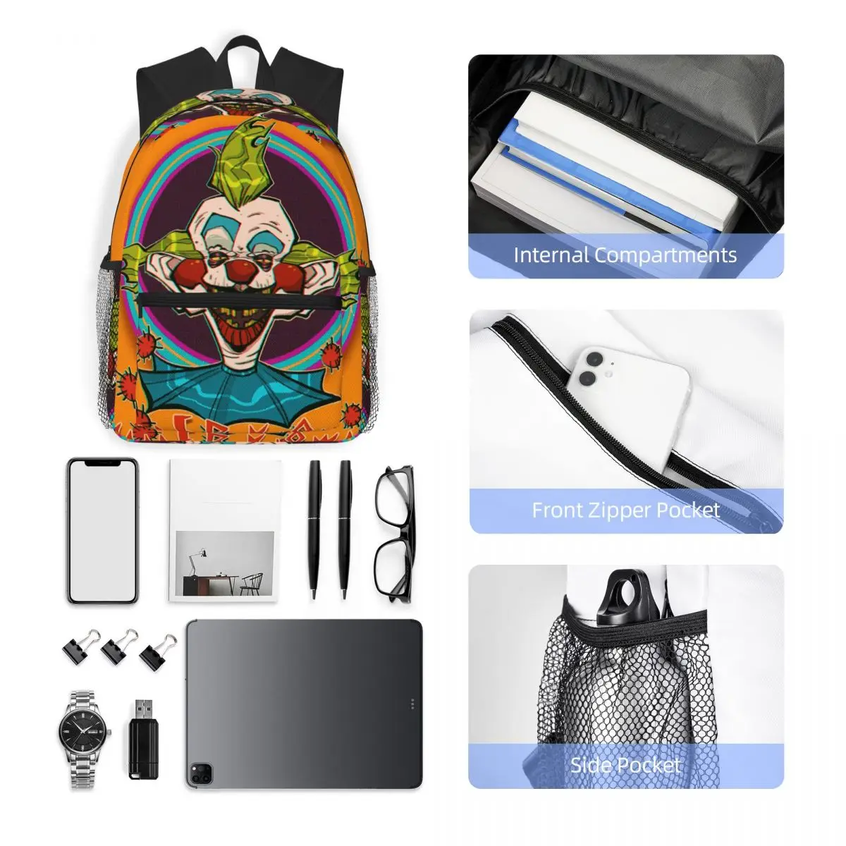 Killer Klowns From Outer Space Zaino per studenti Borsa da scuola Zaino da viaggio per escursionismo per borse a tracolla per libri alla moda per ragazzi e ragazze