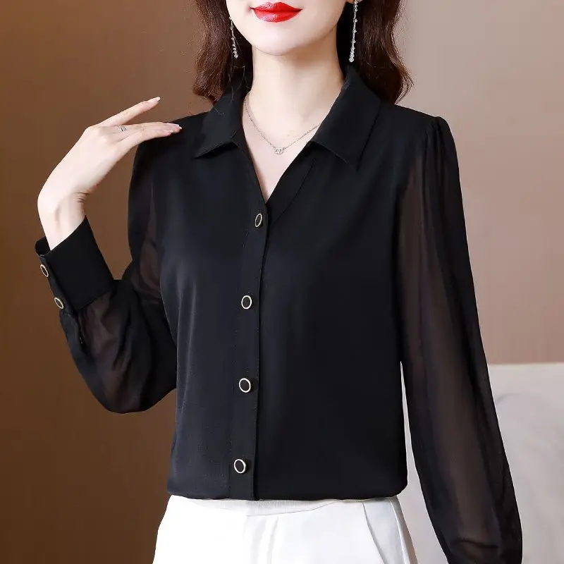 Women\'s Clothing Commute Solid Color Shirt All-match Polo-Neck Stylish Single-breasted 2023 New Spring Autumn Long Sleeve Blouse