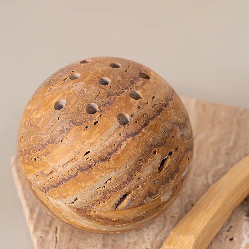 

Beige Brown Travertine Marble Incense Burner Religious Ball Shape Stone Incense Holder Home Stone Ornament Plate Decorative Tray