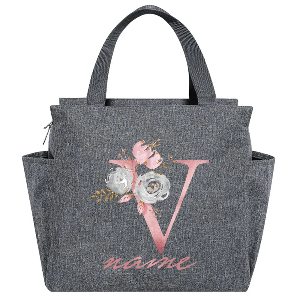 Custom Name Pink Letter Lunch Bag Insulated Thermal Canvas Handbag Picnic Unisex Travel Lunch Box Portable Food Tote Bags