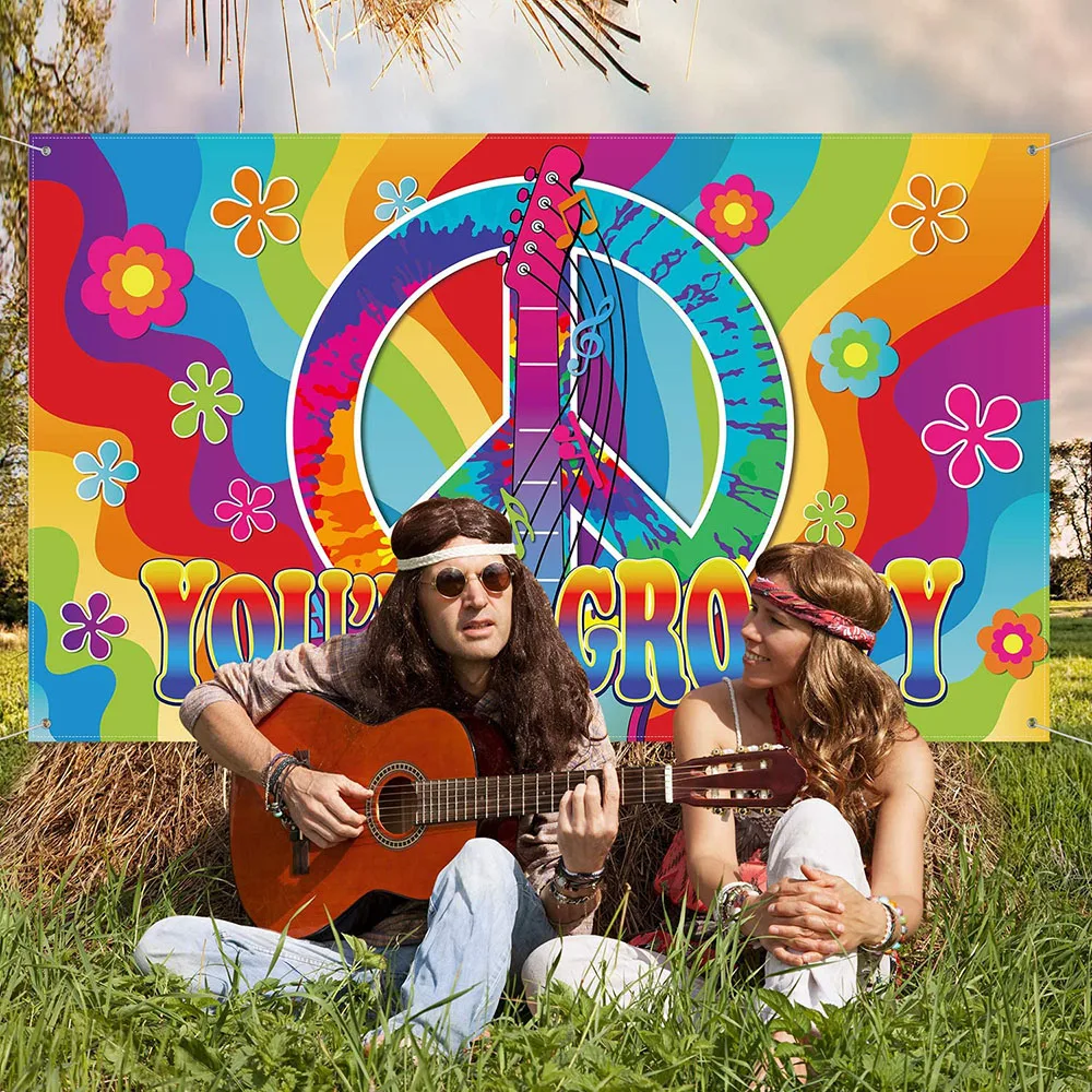 Hippie Groovy Theme Music Festival Woodstock 60's 70's Party Decoration Poster Banner Tie Dye Background Peace Love 1950s 1960s