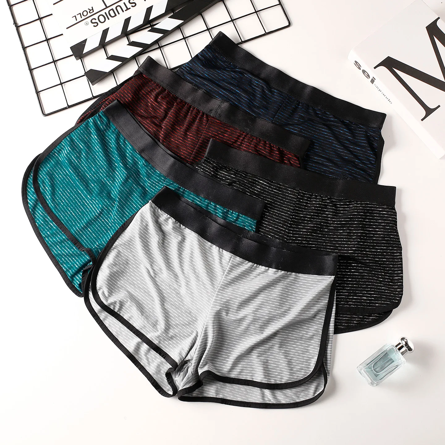 Men's Ice Silk Boxer Shorts, Summer Breathable Striped Home Shorts, Cool Feeling, Silky Smooth, Skin Friendly Elastic Underwear