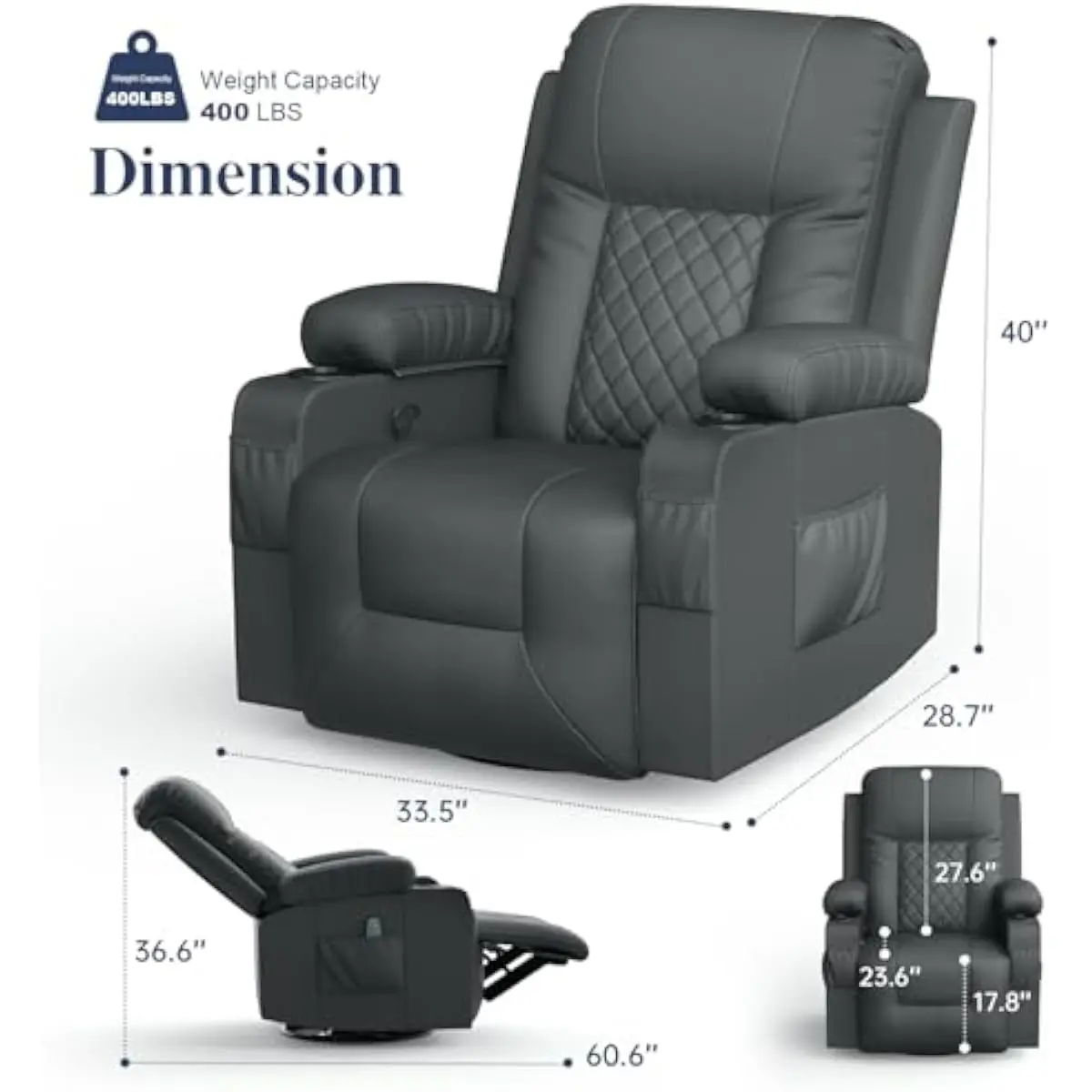 Ergonomic Leather Recliner with 360° Swivel Base, Adjustable 120–150° Backrest, 8-Point Vibration Massage, Waist Heating, Rockin