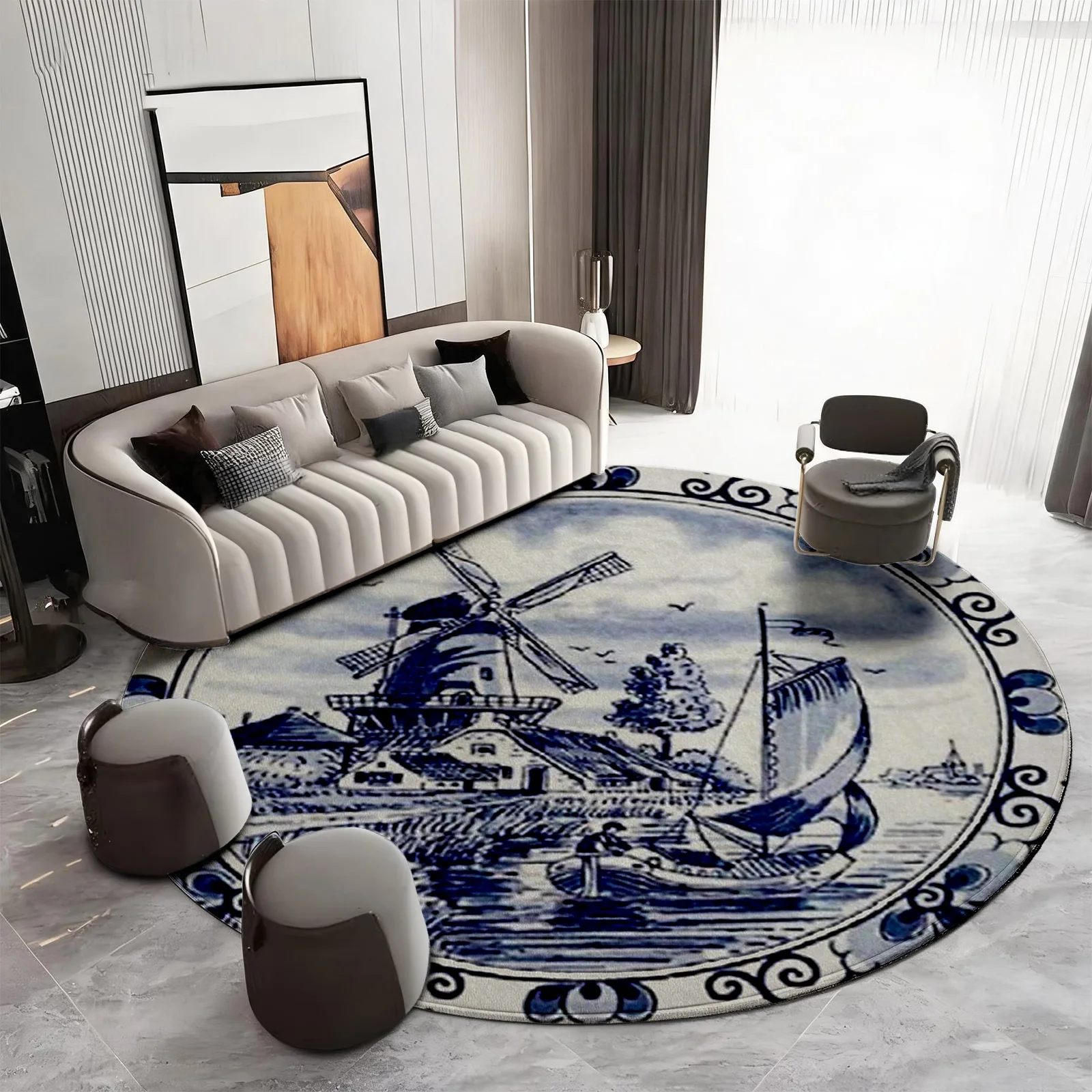 Beautiful Blue and White Windmill Nautical Round Area Rug Bohemian Farmhouse Decor Coastal Seaside Vintage Living Room Mat for H