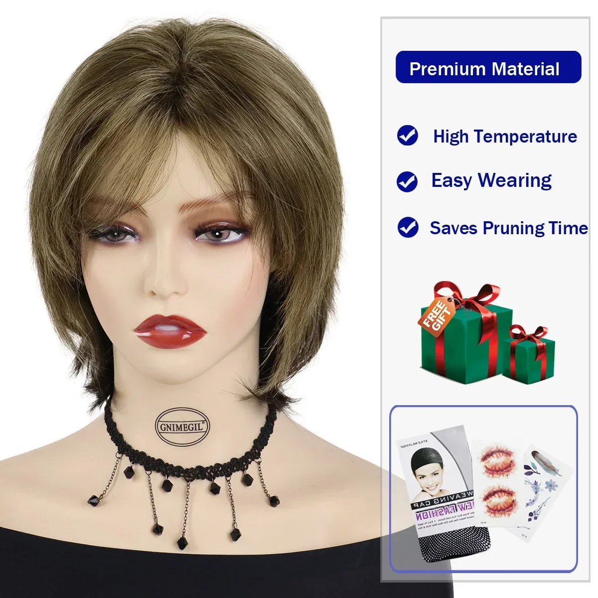 Premium Synthetic Hair Mommy Wigs Natural Short Bob Wig for Women Straight Haircut Mixed Brown with Bangs Casual Wigs Outfits