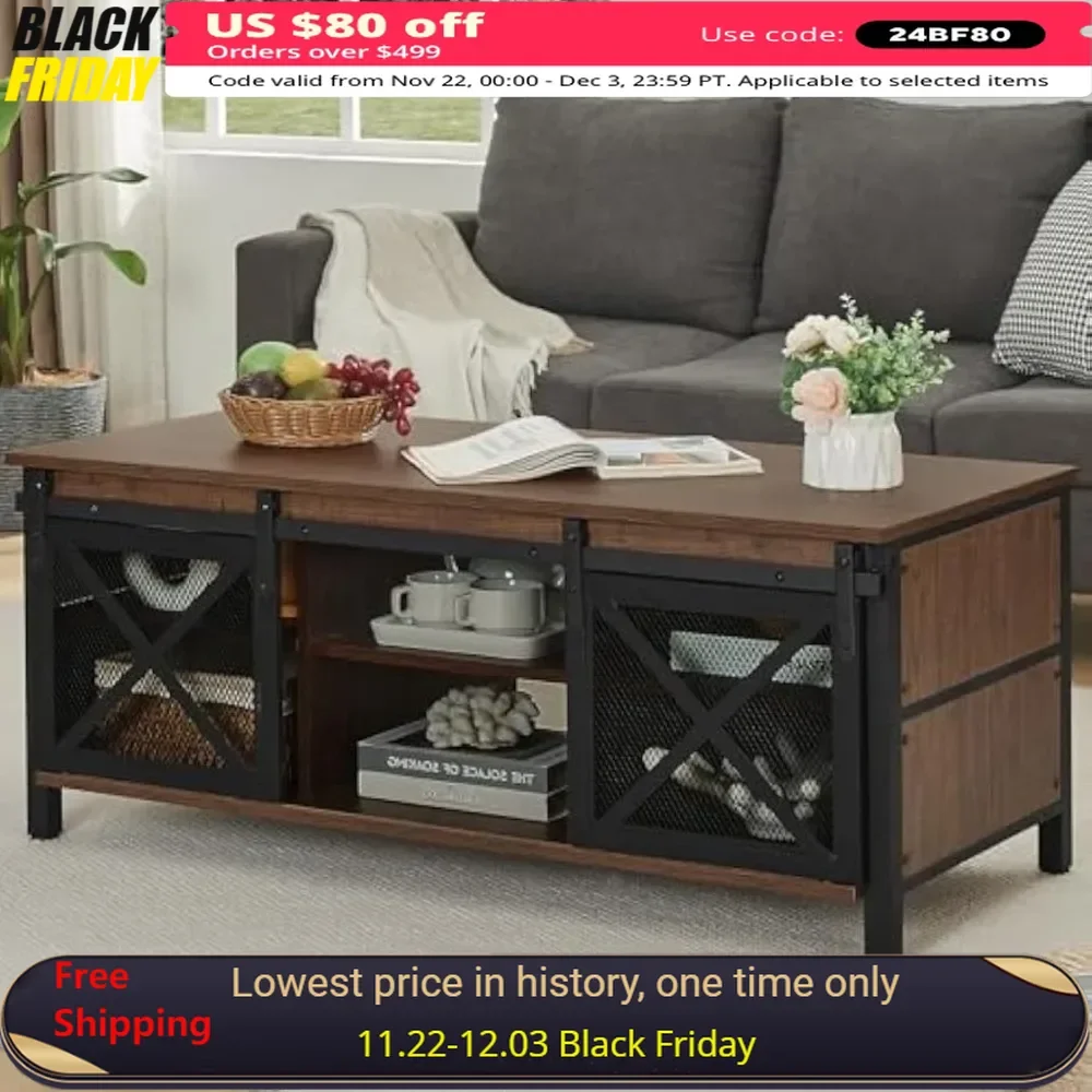 Coffee Table, 43.31” with Storage Compartment and Sliding Barn Door, Table with Cabinet Shelves, Industrial Center Table