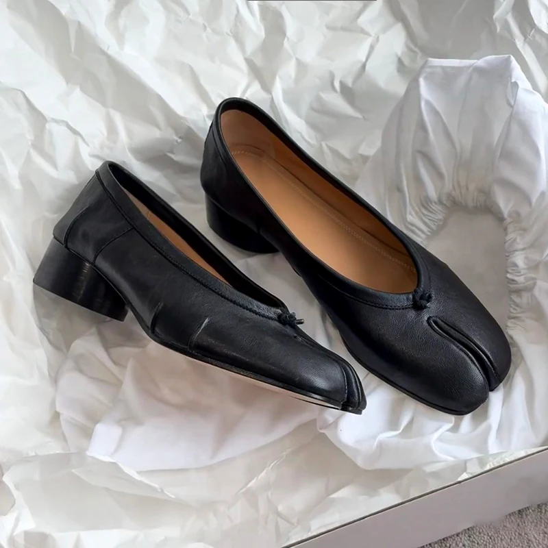 Zapatos de tacón medio con punta redonda de cuero genuino para mujer, zapatos Tibi Splittoe con pliegues, bailarinas de piel de oveja, altura del tacón de 3cm