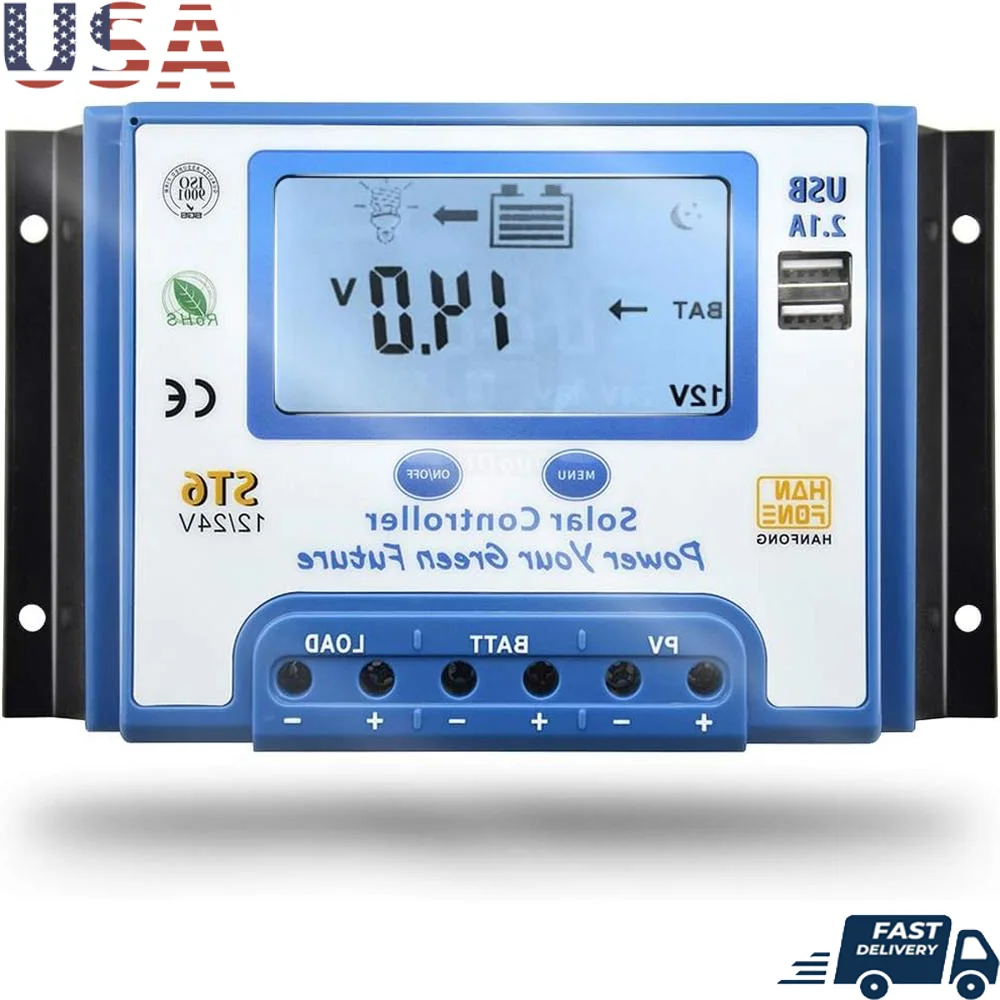 

40A Solar Charge Controller 12V 24V Automatic Voltage Recognition Dual USB Quick Charge Overcharge Protection LCD Display