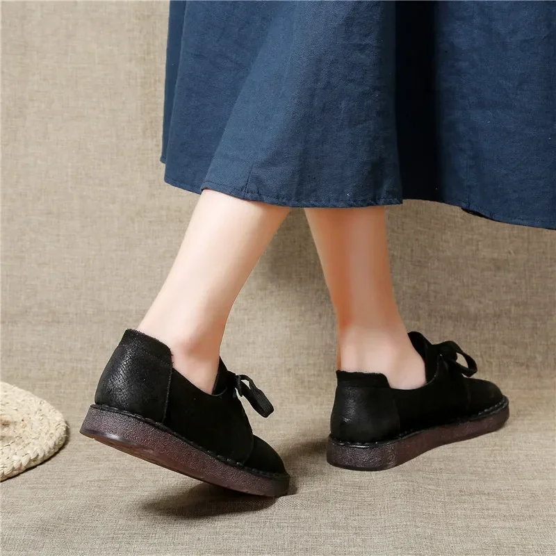 Casual Shoes Female Ladies Flats Vulcanized Shoes Genuine Leather Lace Up Flat Shoes Round Toe Classics Fashion Shoes For Woman