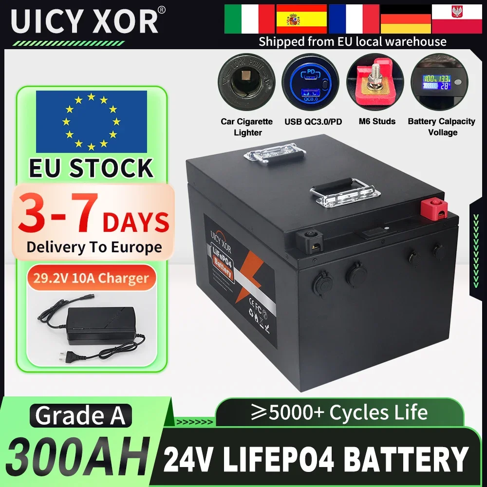 EU STOCK LiFePO4 24V 100Ah 250Ah 300Ah Battery Built-in Smart BMS 5000+ Cycles Lithium Iron Phosphate Battery 3-7 Days Delivery