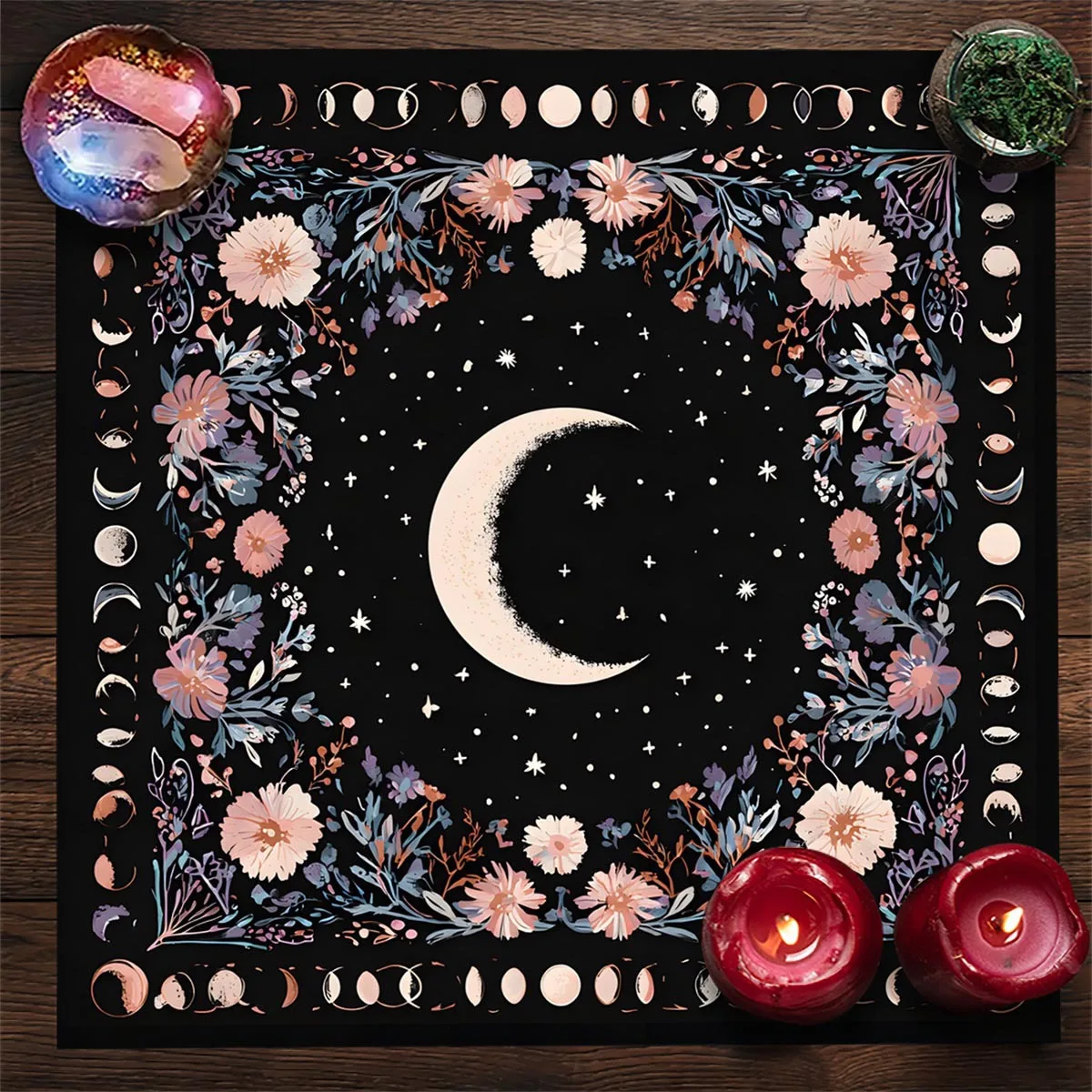 Moon Phase & Floral Celestial Divination Tablecloth Gothic O