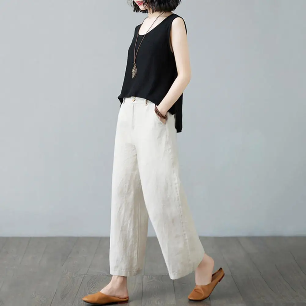 

Versatile Women Trousers Stylish Women's High Waist Wide Leg Pants with Pockets for Daily Wear Elastic Waistband Button Zipper