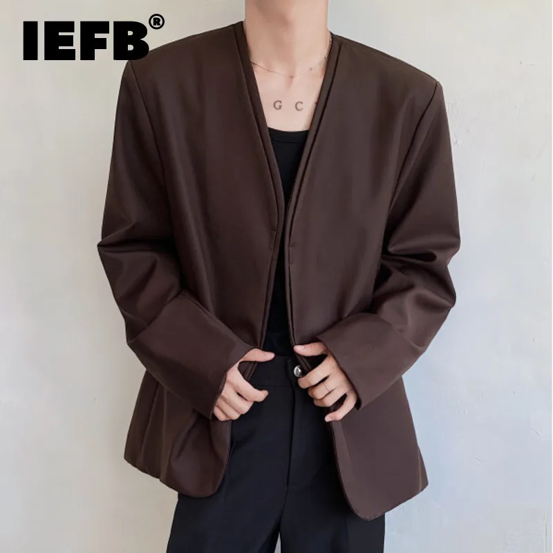 IEFB Menswear Old Money Style Dark Brown Fake Two Pieces Causal Suit Men\'s Autumn New Clean Fit Collarless Loose Blazer 12C1519