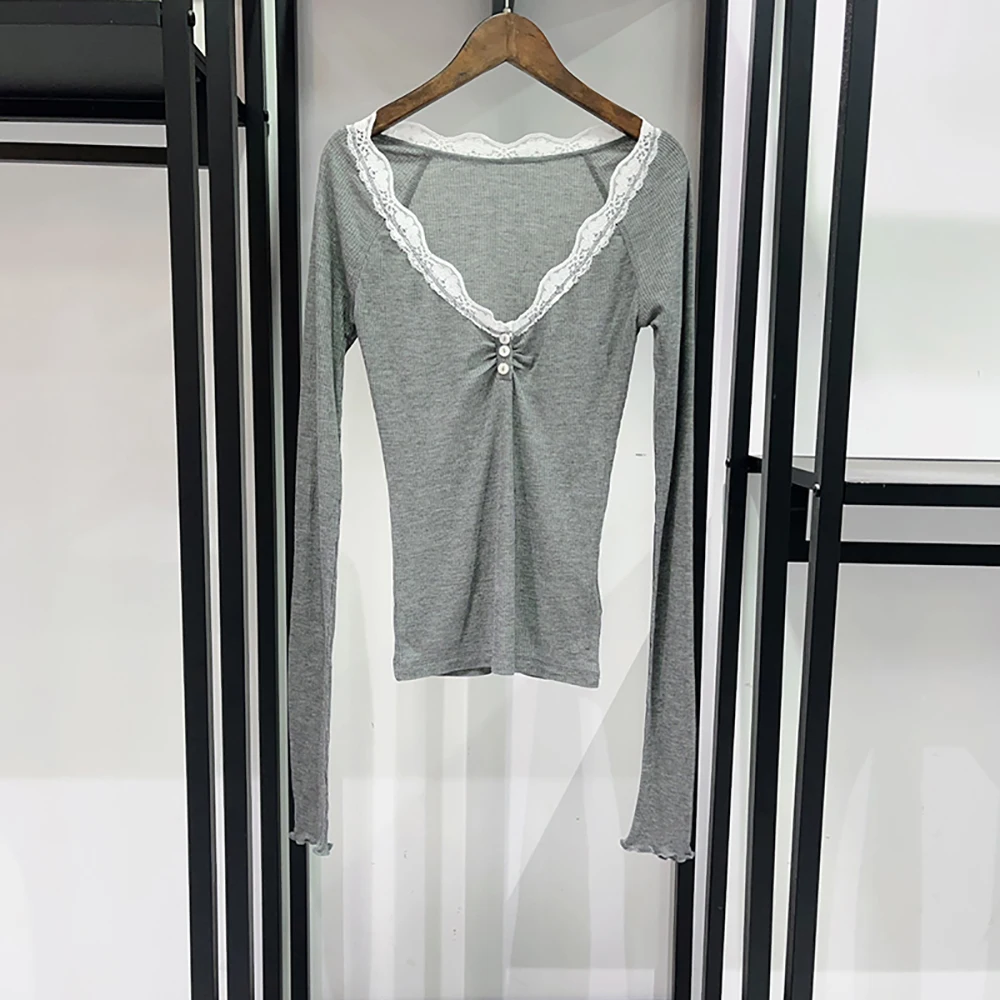 

Lace-trimmed Ribbed Knit T-Shirt for Women Versatile Crew Neck Long Sleeve Base Layer Top Spring 2026 New Arrival Y2K Style