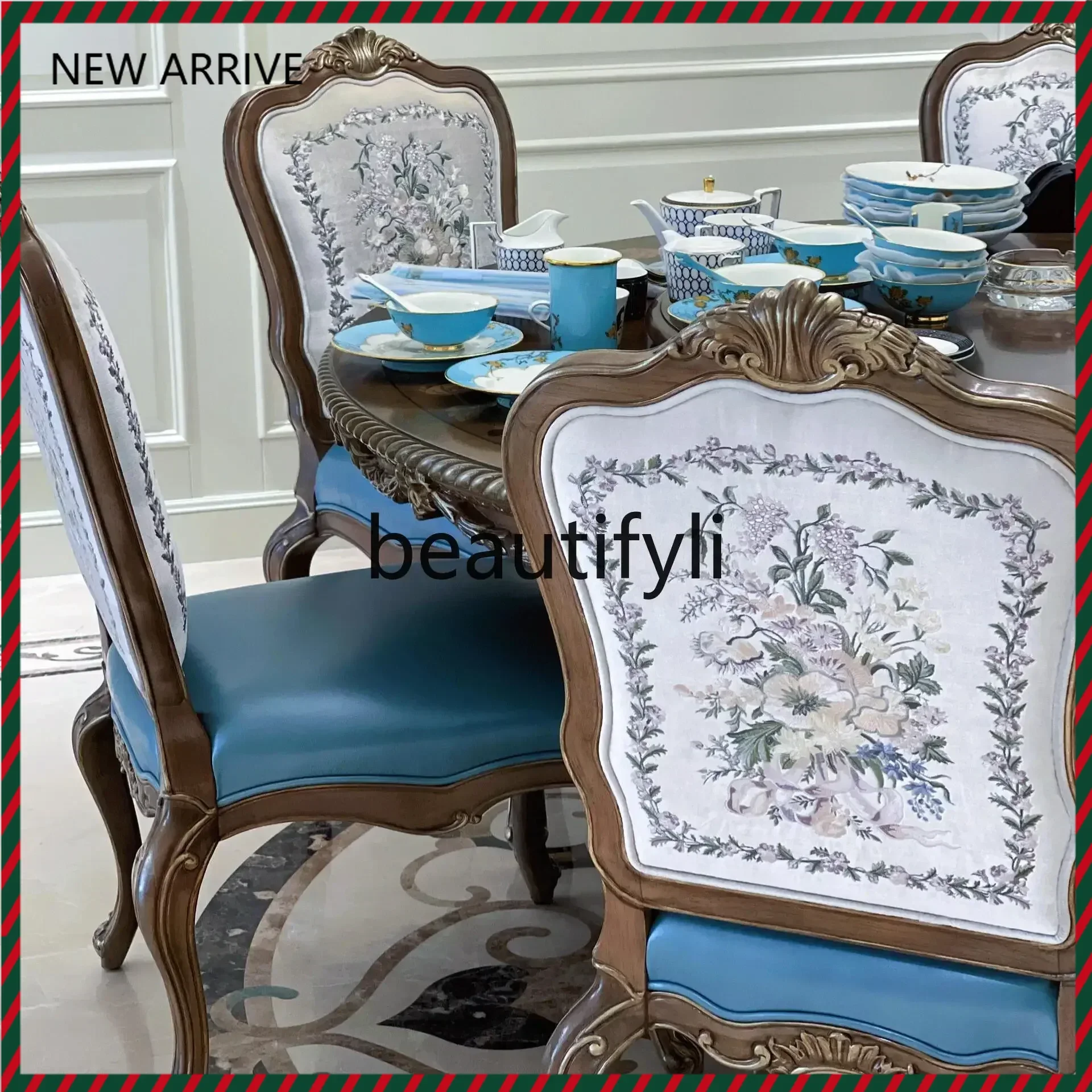 KK32 Solid Wood Carving Flower Round Dining Table French Court Light Luxury Dining Chair European Style
