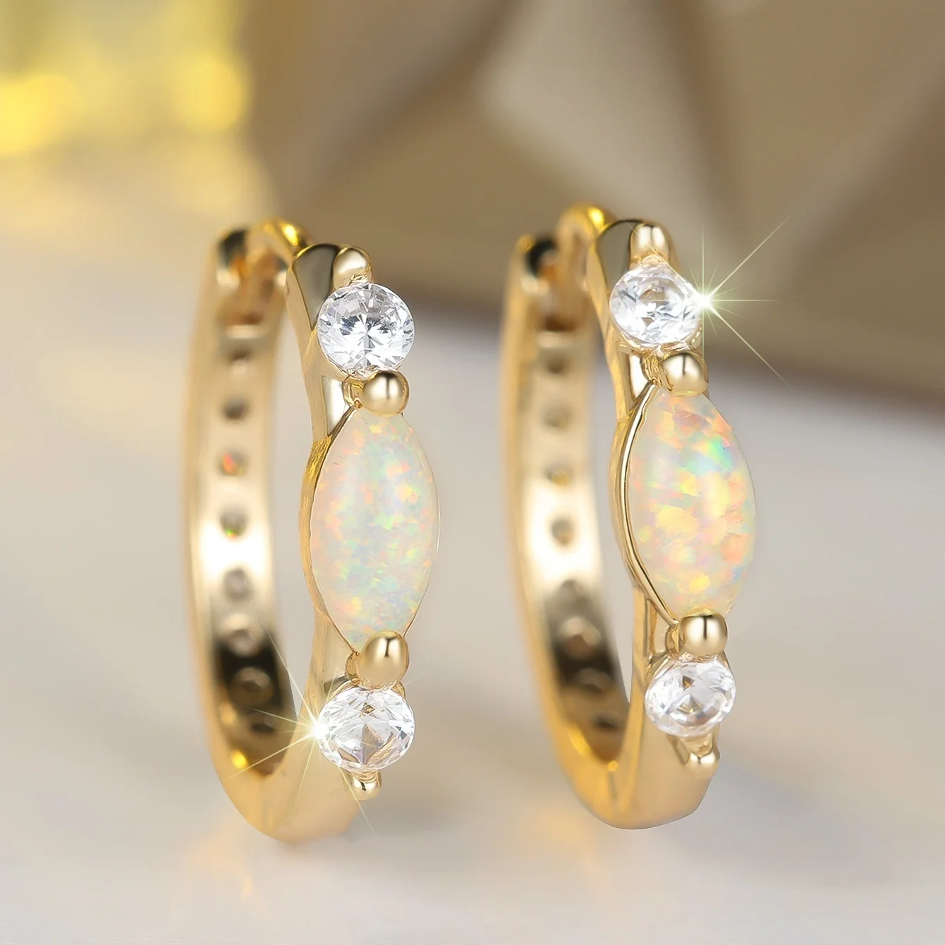 Elegant Female Simple Small Oval White Fire Opal Stone Hoop Earrings Vintage Gold Color Wedding Jewelry For Women