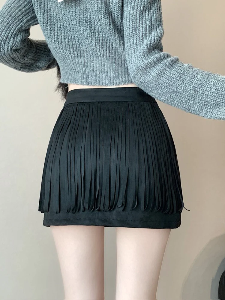 American Retro Suede Retro Skirt With Tassel Autumn Winter Vintage Streetwear Short Pencil Skirts For Women