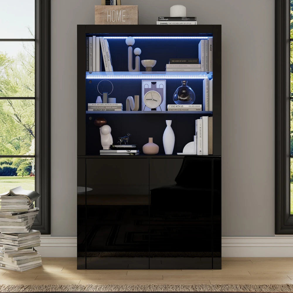 Vitrina Negra de Alto Brillo con Luces LED y Control por Aplicación, Mueble de Almacenamiento de 100x35x170cm de Altura con Puertas para Sala de Estar