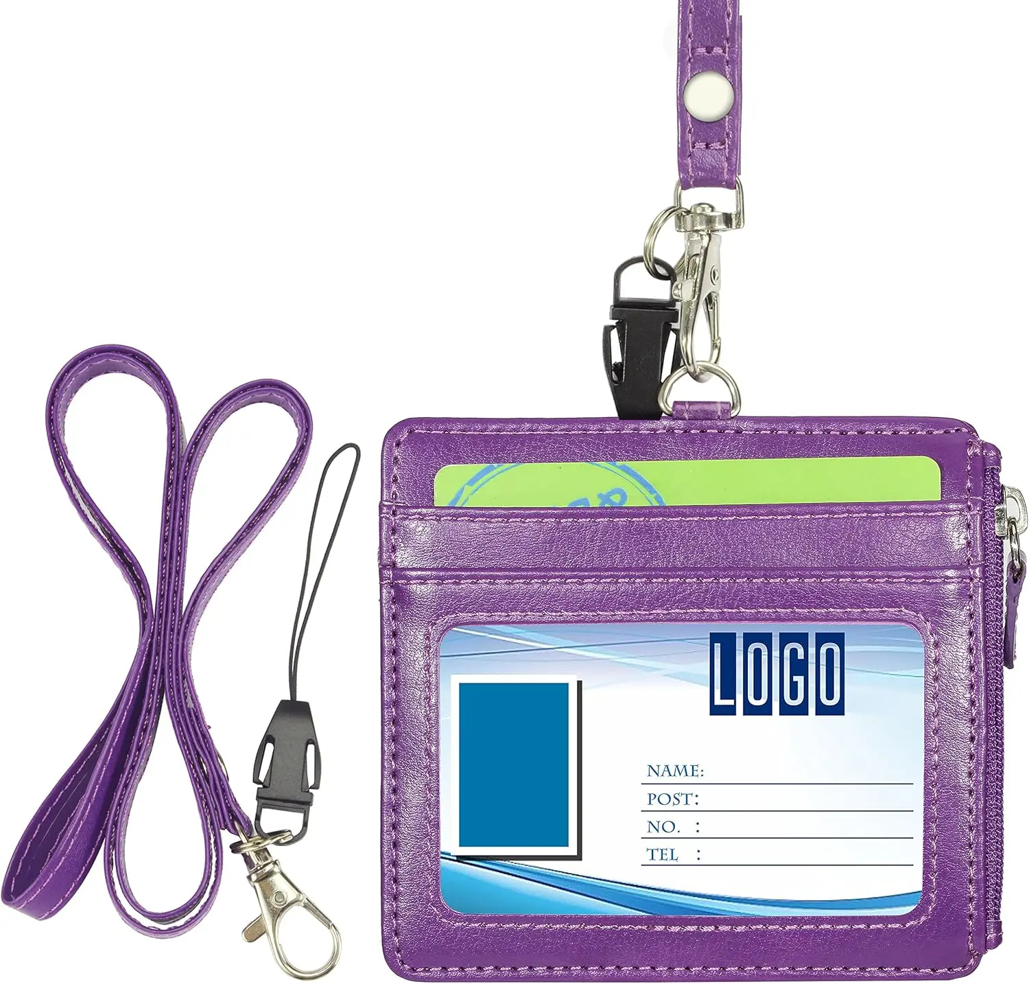 

Badge Holder with Zip, 2-Sided PU Leather ID Badge Holder with 1 ID Window, 4 Card Slots, 1 Side