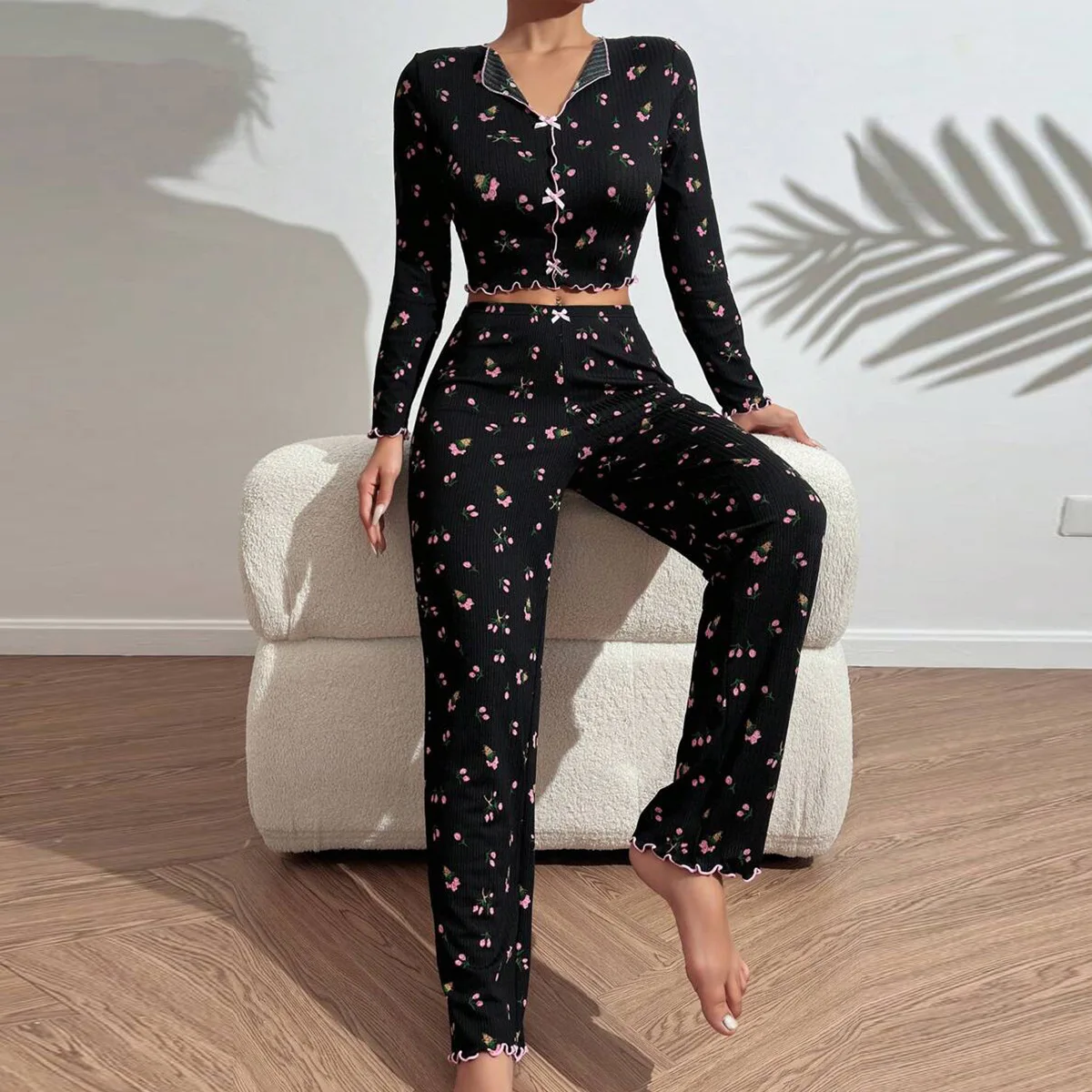 

Autumn Pajamas Women's Casual Sexy Lapel Rolled Hem Long Sleeve Trouser Sets Casual Home Wear 2 PCS Home Clothes Sleepwear