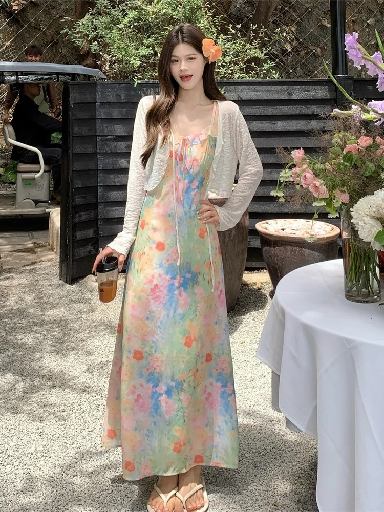 

plus Size Summer Vacation Style Lace Open Cardigan Top And Floral Midi Dress Set Women's Fashion Korean Style Long Sleeve
