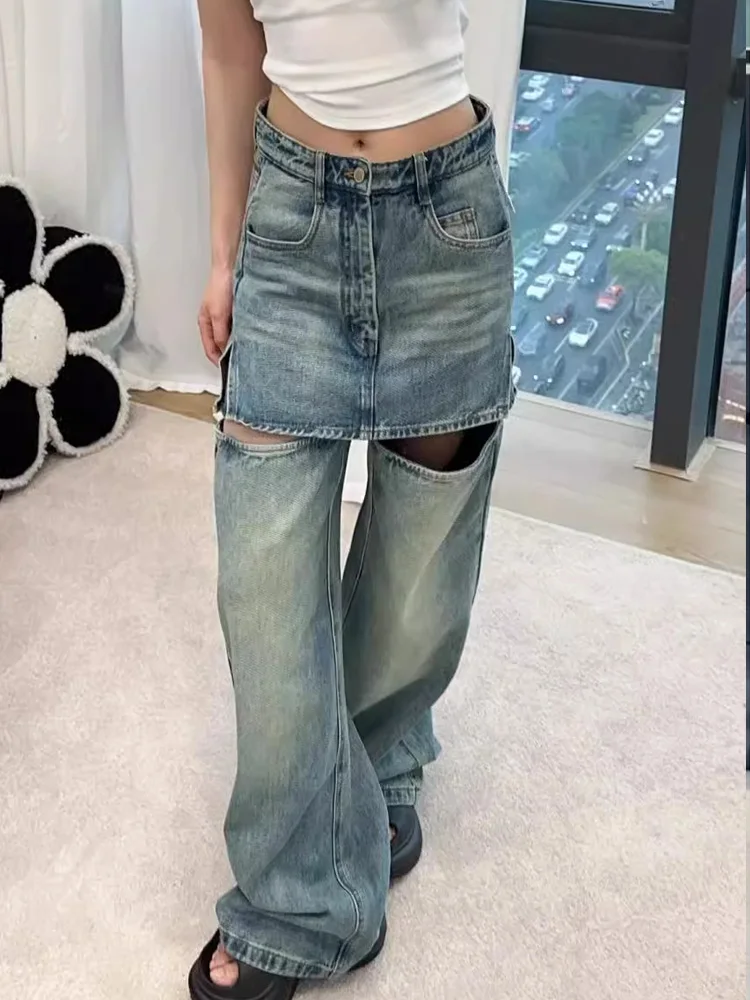 

Джинсовая юбка American Design Sense, брюки, женская летняя новая уличная одежда, широкие джинсы с вырезами, многослойная одежда, искусственная двухсекционная одежда