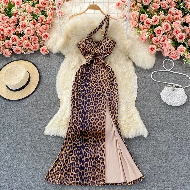

Women Wild Animal Leopard Pattern Long Dress One Shoulder Hollow Out Hip Sexy Dresses Lady Elegant Party Dinner Banquets Dresses