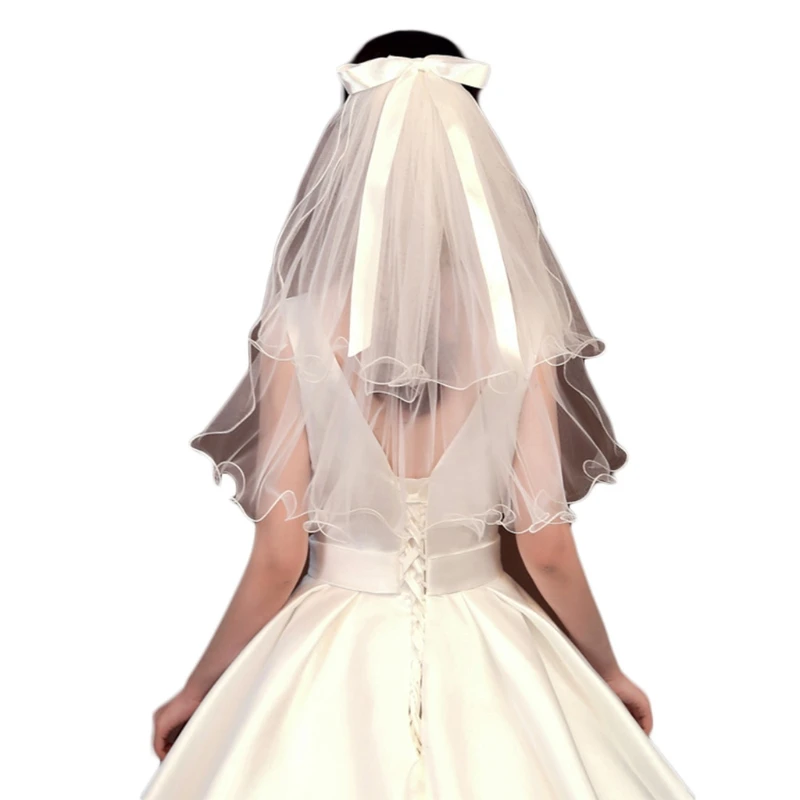 

Y1UB 2 Tier Wedding Bridal Veil with Comb Embellished with Bow Elbow Length Curly Short Tulle Cascade Veil 2 Sizes