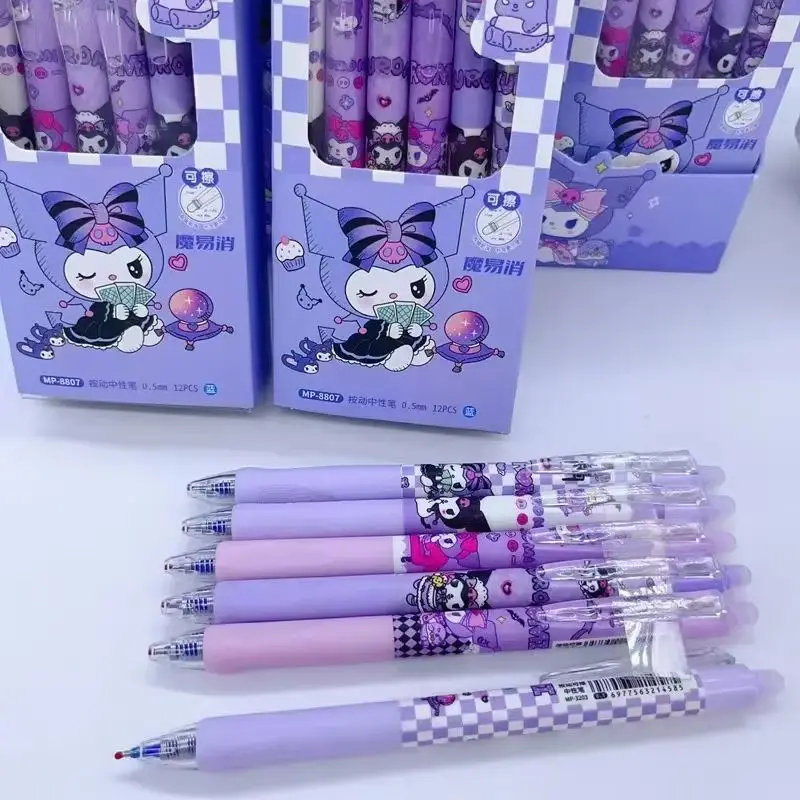 

Kuromi 12pcs Erasable Gel Pen Cartoon Set Sanrio Cute Press Modeling 0.5mm Blue Study Office Stationery School Gift Set Pen
